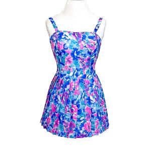 VTG Sea Waves Floral Pleats Poolside Mini Dress Size 8 Blue Pink Coquette Resort